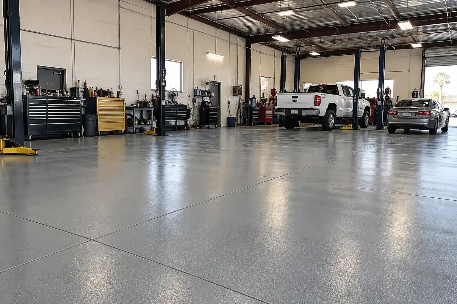 Commercial auto workshop with a glossy gray epoxy floor, lifts and two pickups