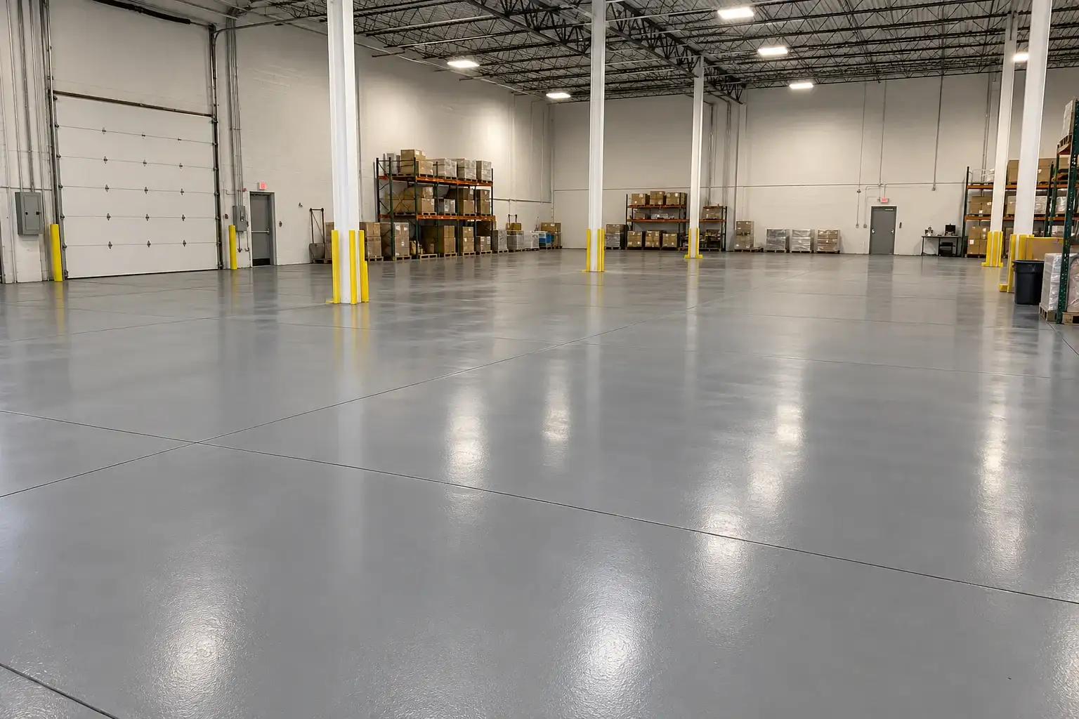 Empty warehouse bay with a continuous gray epoxy floor and yellow bollards
