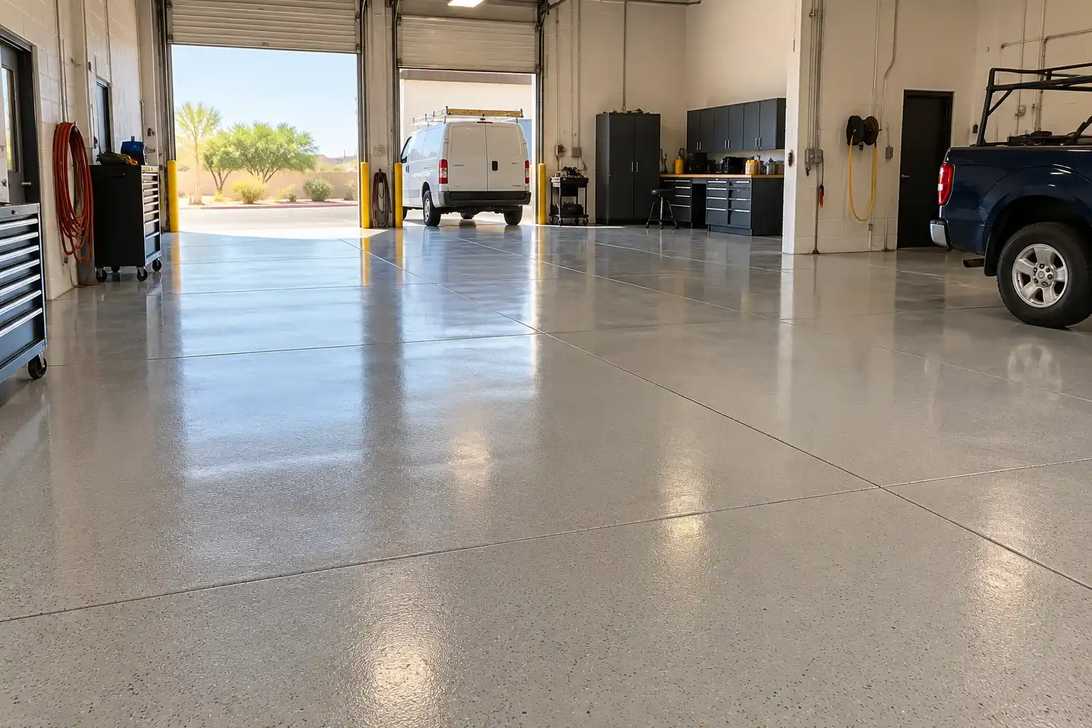 Fleet service bays with a gray epoxy floor and a yellow safety line