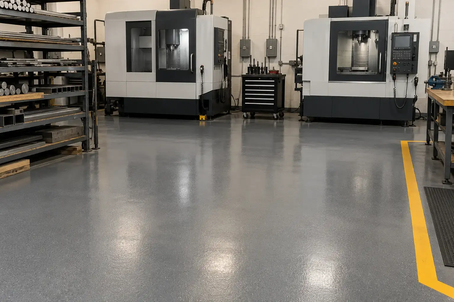 Machine shop with CNC machines on a gray epoxy floor with a yellow aisle line