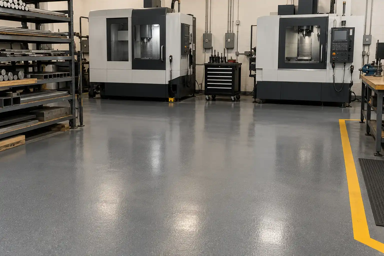 Machine shop with CNC machines on a gray epoxy floor with a yellow aisle line