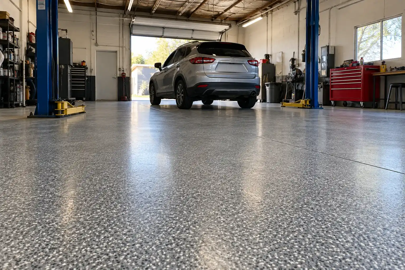 Auto repair shop with a gray flake epoxy floor and an SUV on a lift bay