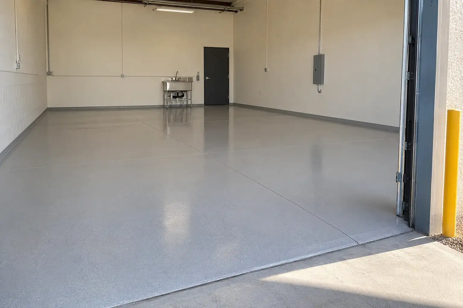 Empty commercial unit with a light gray epoxy floor in afternoon sun
