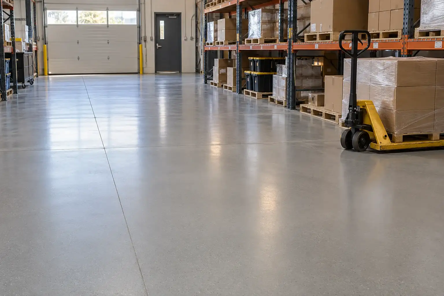 Distribution floor with racking, pallets and a pallet jack on gray epoxy