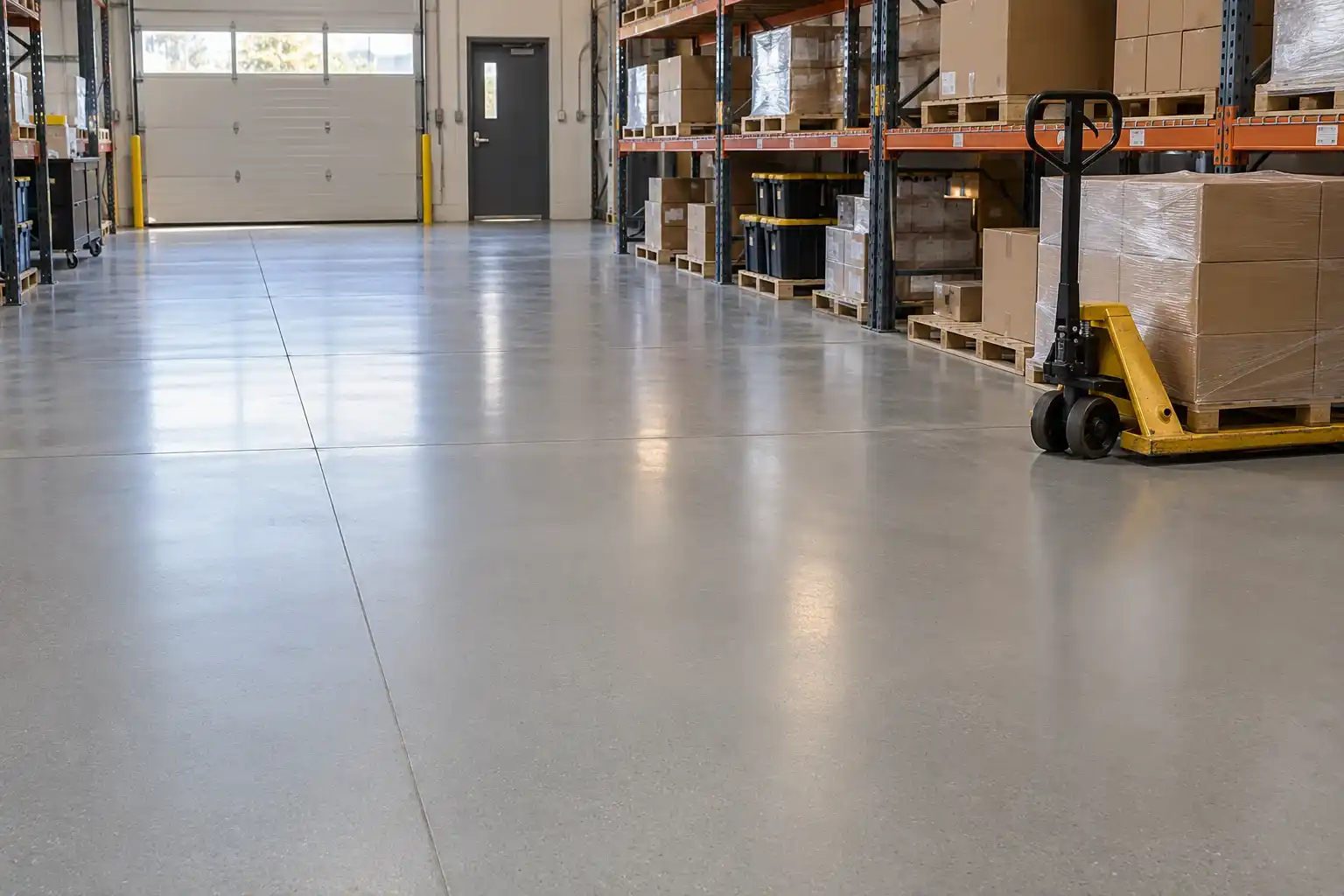 Distribution floor with racking, pallets and a pallet jack on gray epoxy