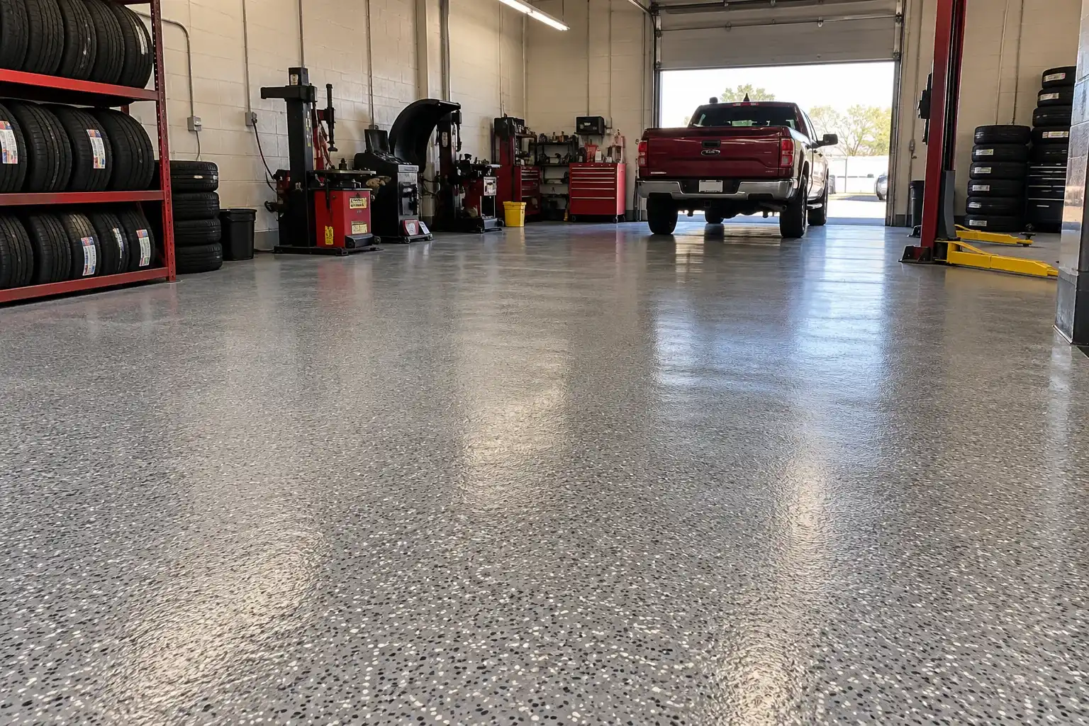 Tire shop service floor with gray flake epoxy and a red pickup in the bay