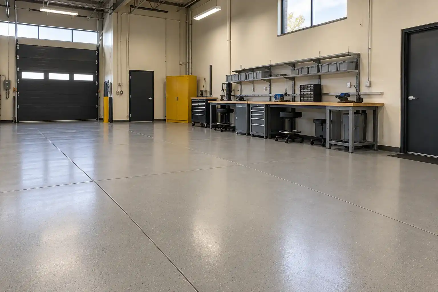 Assembly workspace with workbenches on a light gray epoxy floor