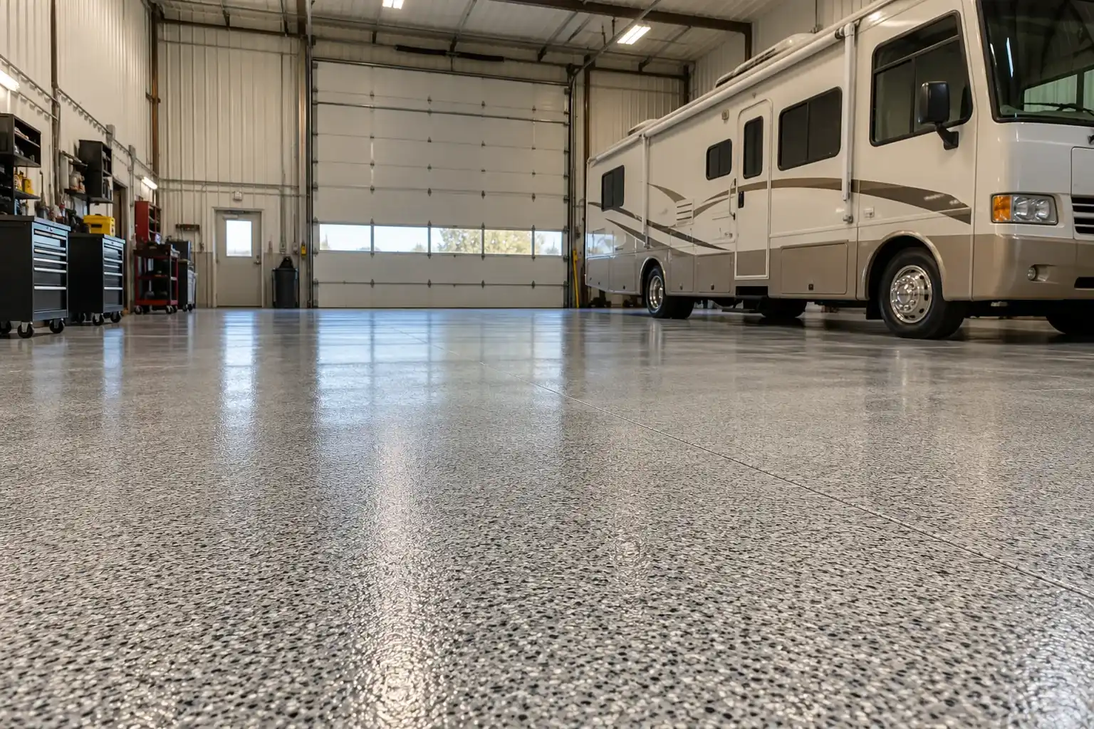 RV service garage with a gray flake epoxy floor and a motorhome