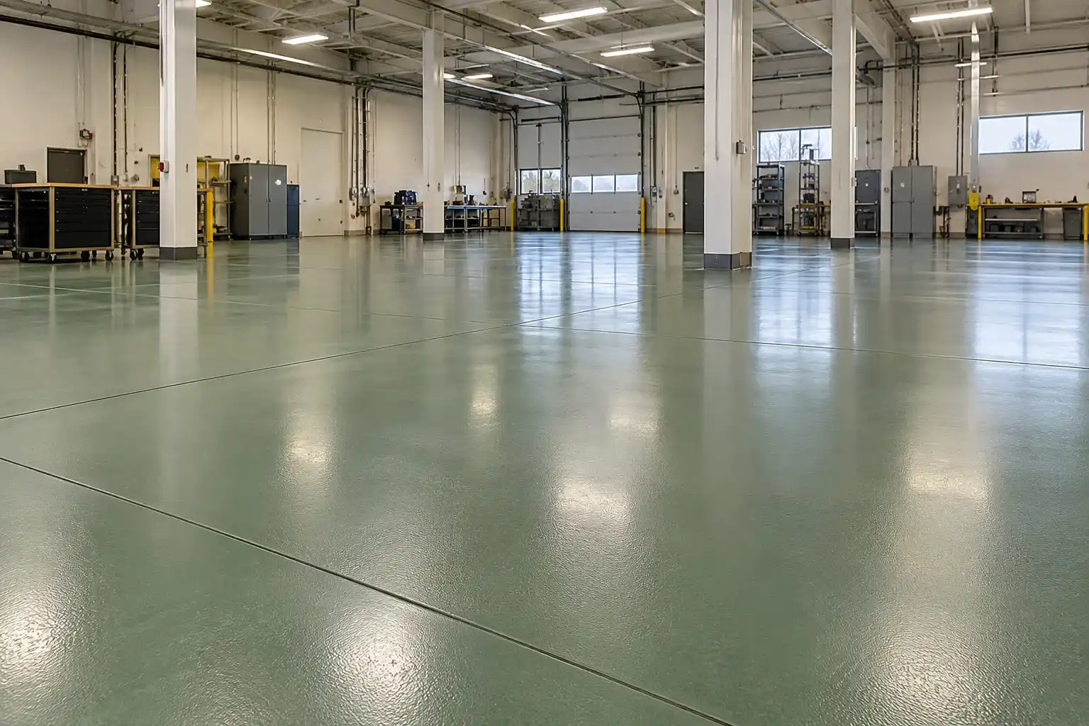 Industrial hall with a glossy green epoxy floor and white columns