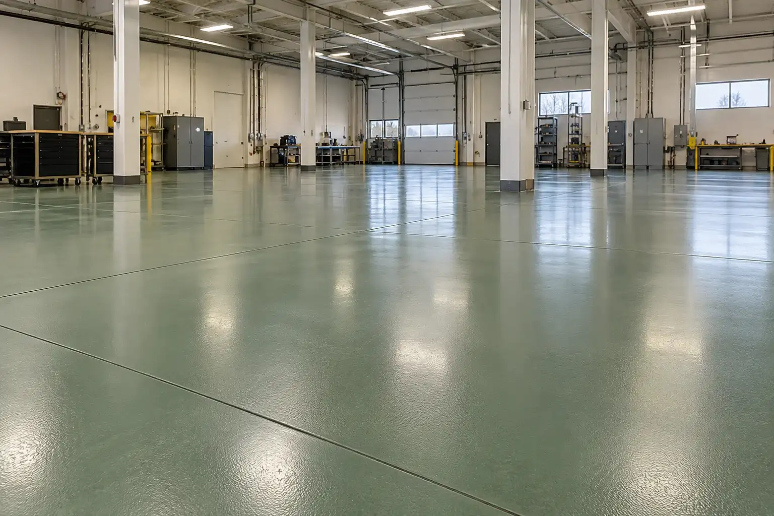 Industrial hall with a glossy green epoxy floor and white columns