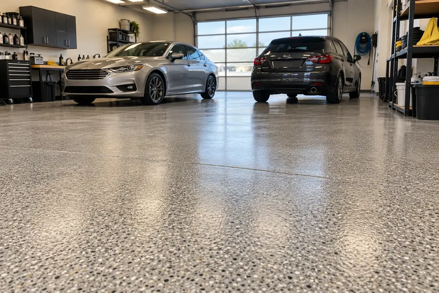 Detailing studio with a gray flake epoxy floor and two cars