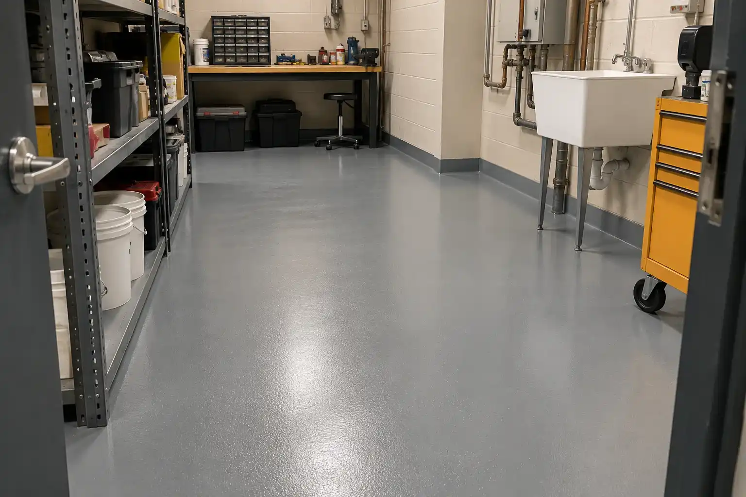Maintenance room with a gray epoxy floor and a cove base at the walls