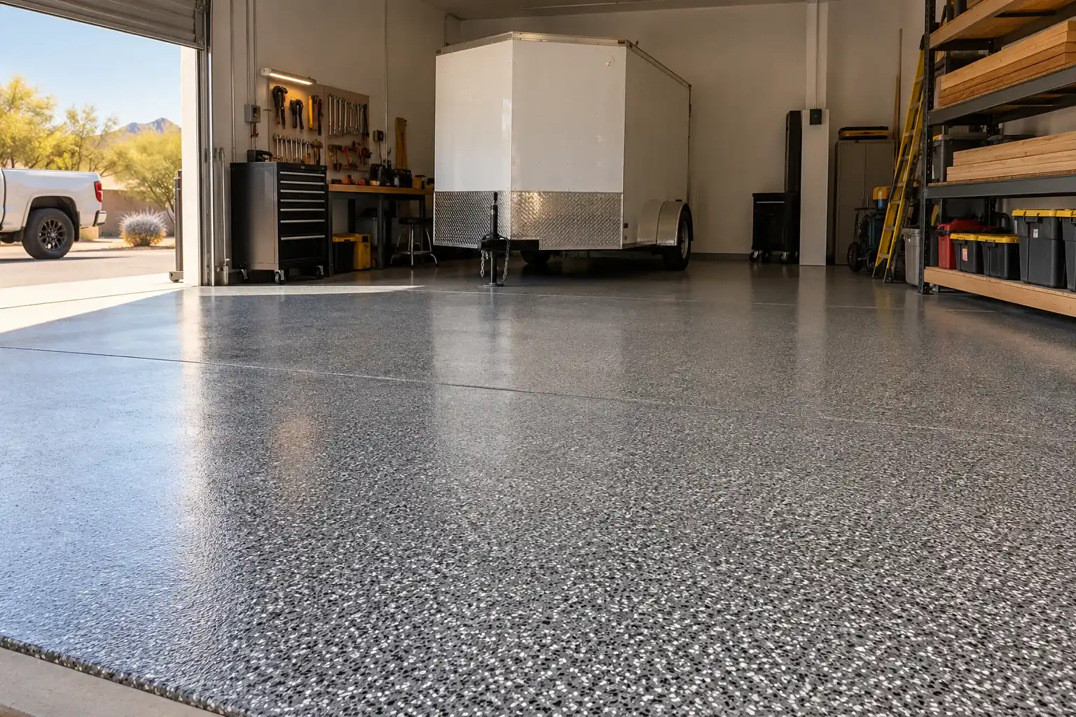 Contractor workshop with a gray flake epoxy floor and a white trailer