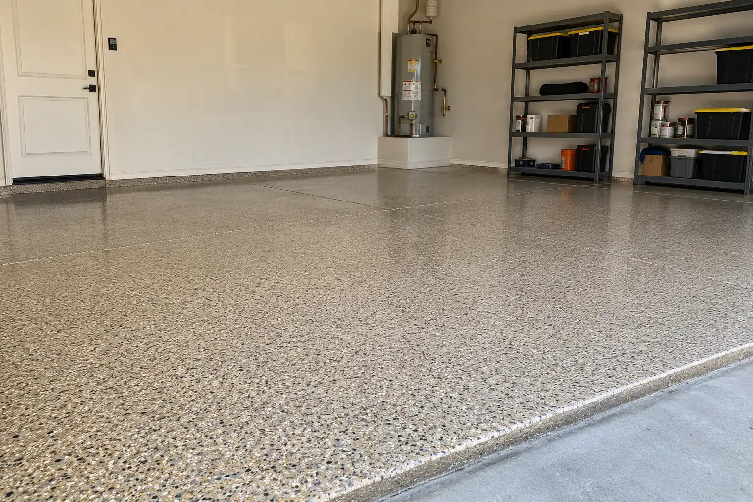 Empty home garage with a sand colored flake epoxy floor