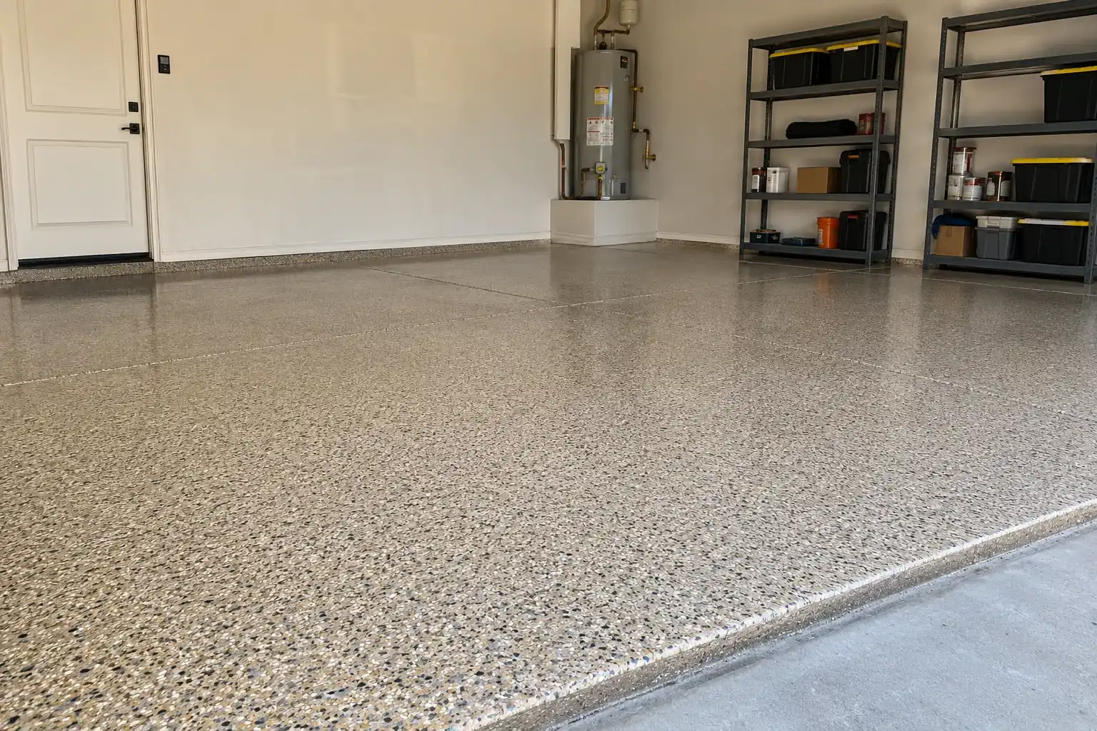Empty home garage with a sand colored flake epoxy floor
