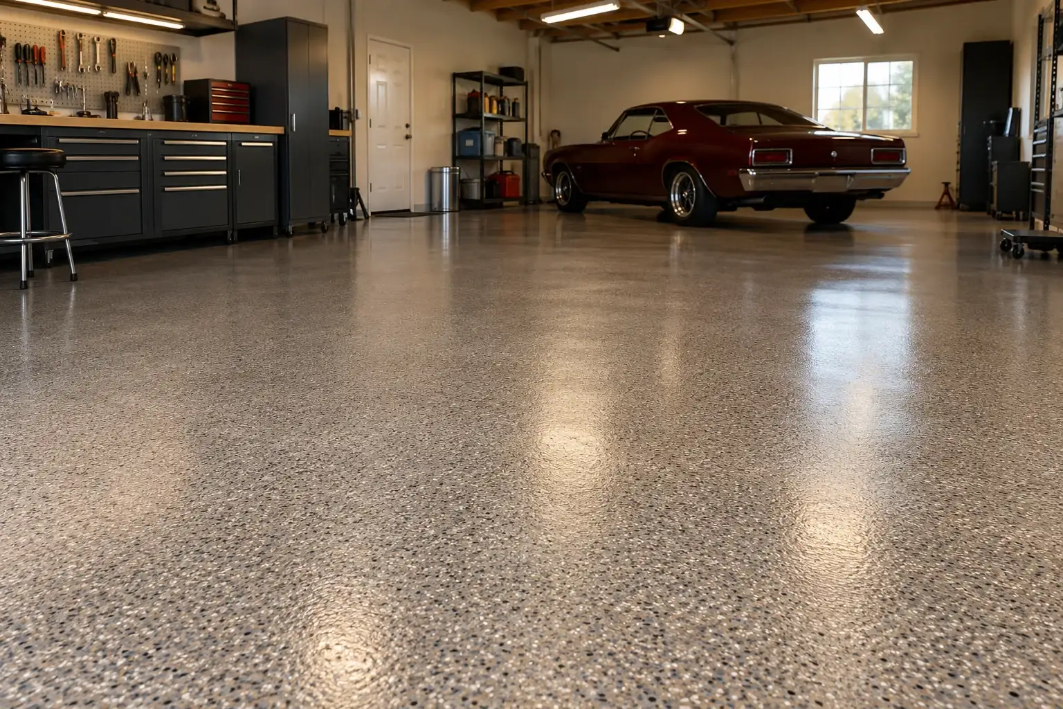 Enthusiast garage with a gray flake epoxy floor and a red classic coupe