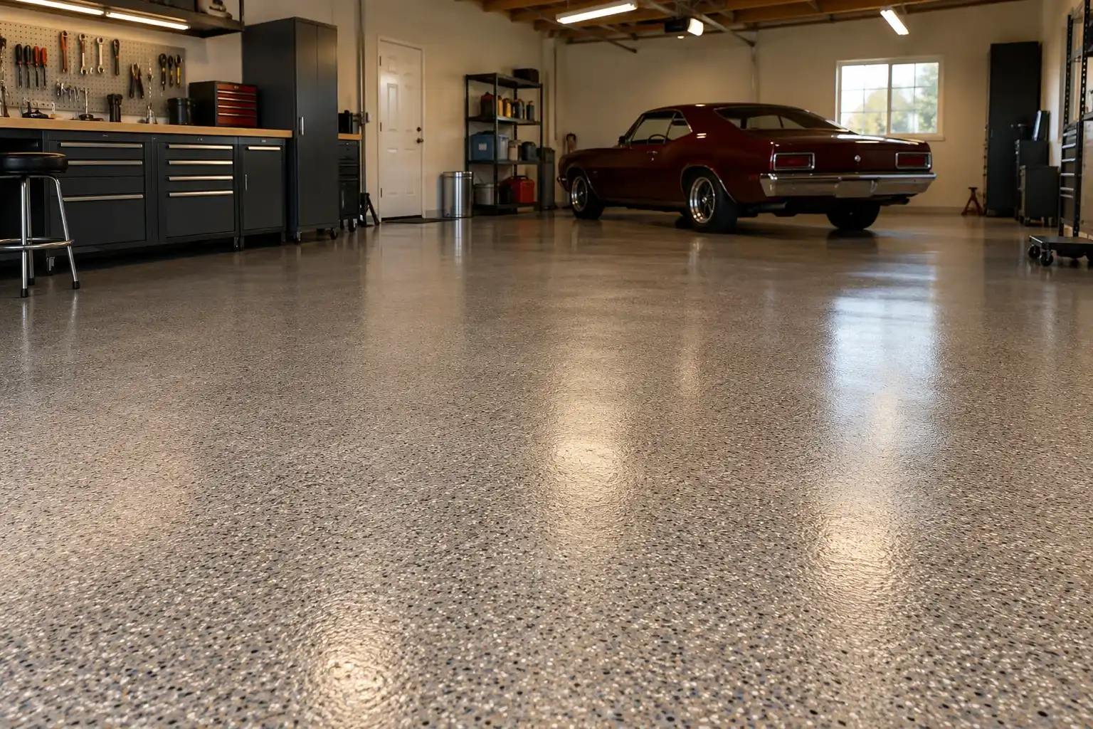 Enthusiast garage with a gray flake epoxy floor and a red classic coupe