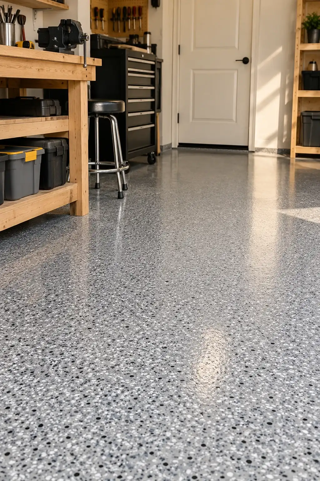 Home workshop with a workbench on a gray flake epoxy floor