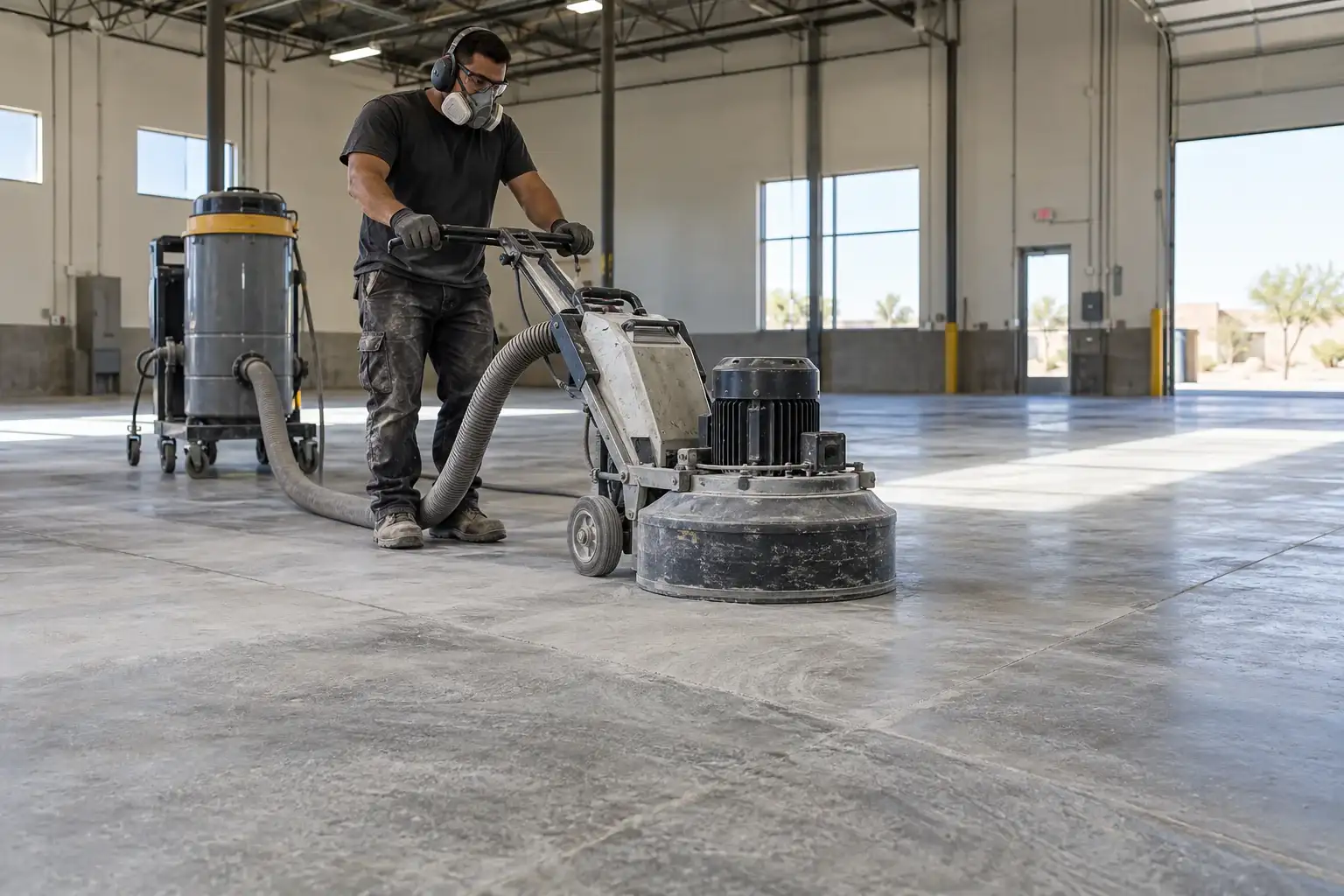 Bare concrete slab being ground with a diamond grinder and dust extractor