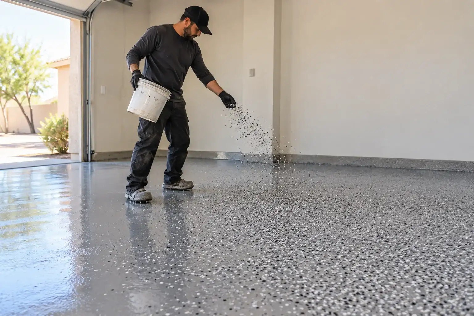 Colored flakes being broadcast by hand over a fresh epoxy base coat