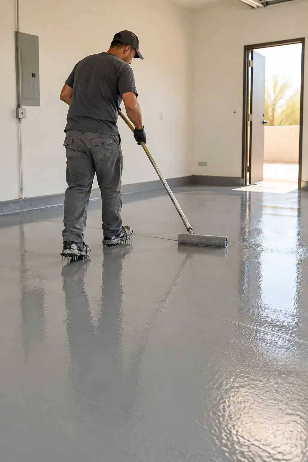 Coating being back rolled across a gray floor in an empty room