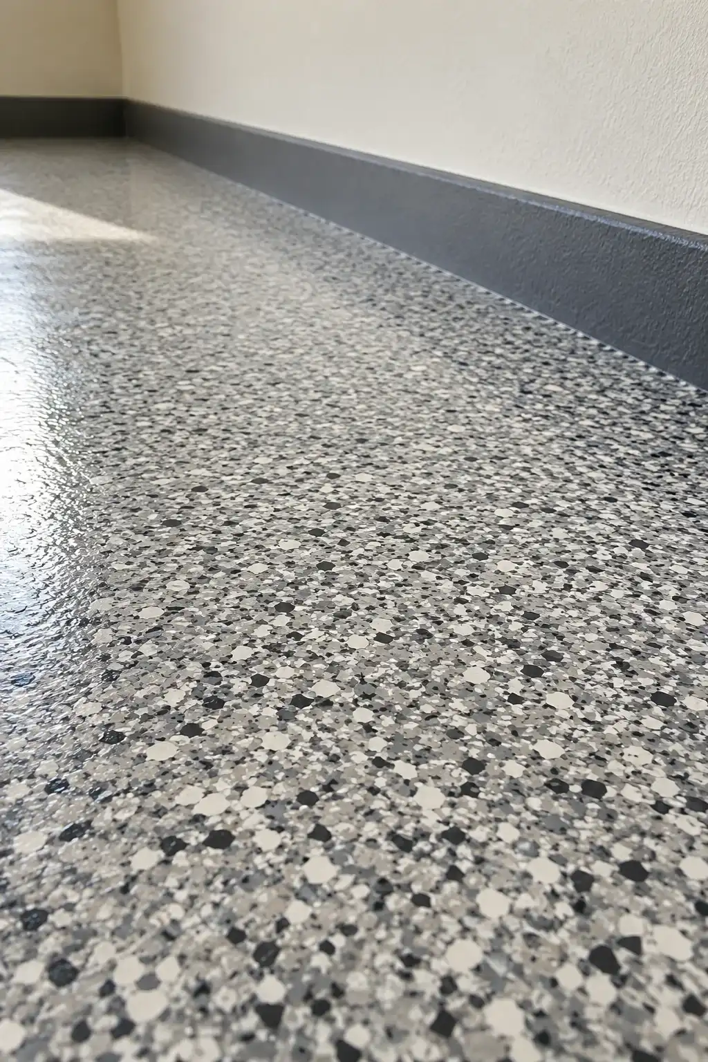 Close view of a gray, black and white flake floor meeting a cove base
